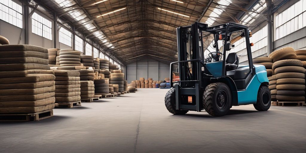 forklift in a warehouse with different types of tires