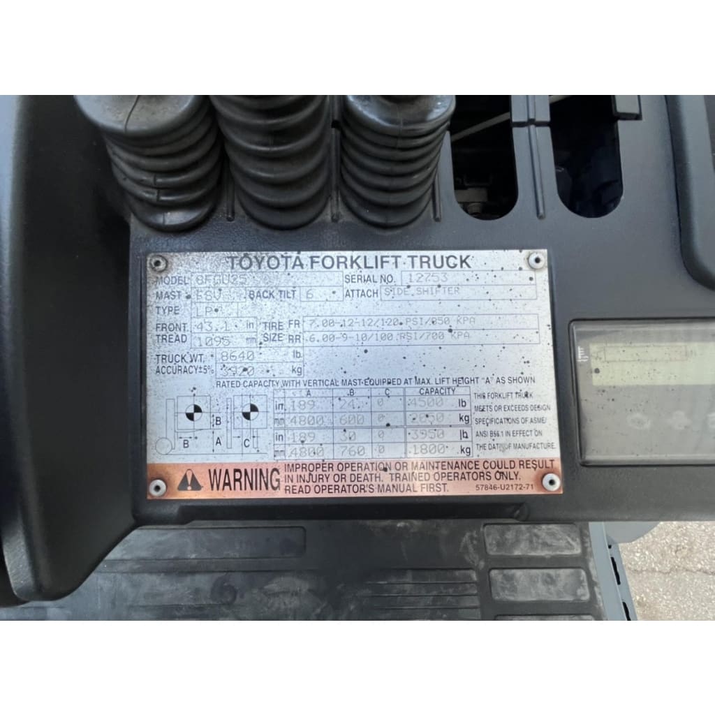 2007 Toyota 8FGU25 LPG 5000 lb. Forklift w/ Sideshift Solid Pneumatic Tires 189’H - Forklifts