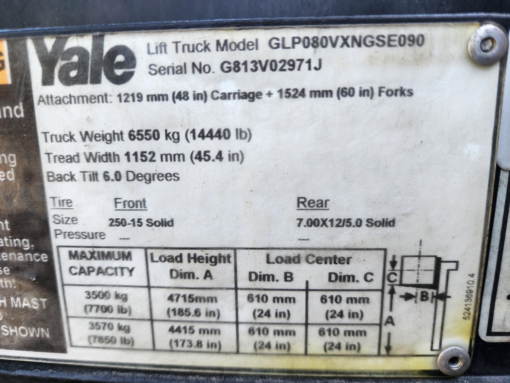 2011 Yale GLP080VX 8,000 lb. LPG Forklift w/ Sideshift 185"H