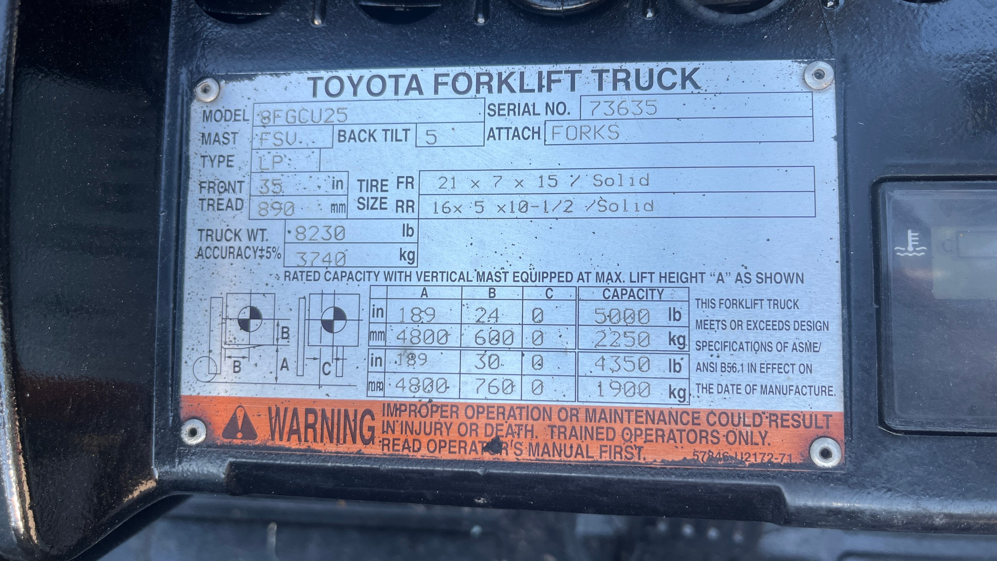 2015 Toyota 8FGCU25 LPG 5000 lb. Forklift w/ Sideshift & Fork Positioner