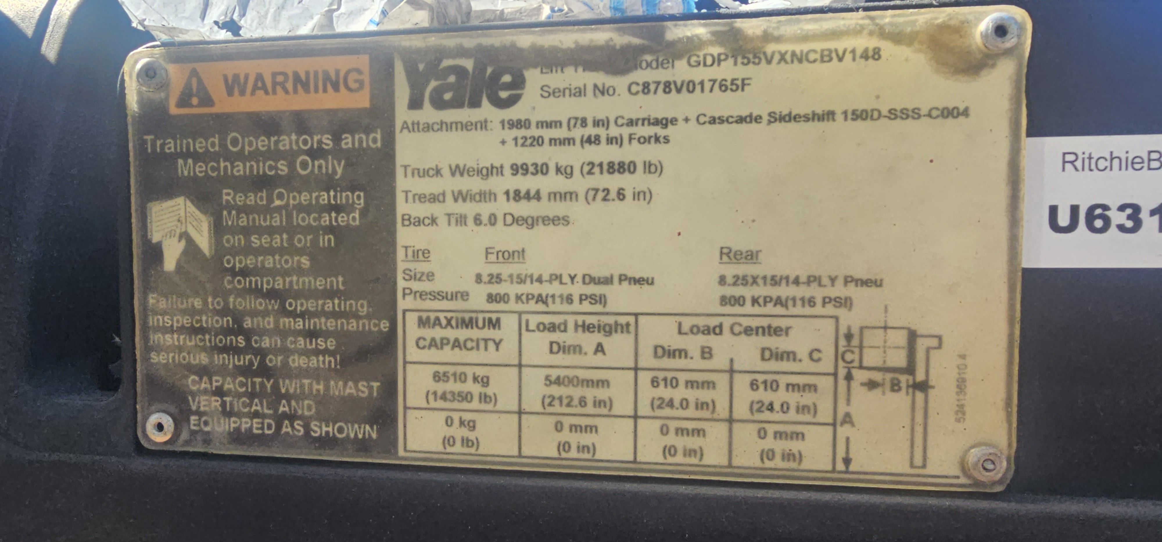 REFURBISHED 2008 Yale GDP155VX 15,500 lb. Diesel Forklift w/ Sideshift & Dual Wheel 212.6"H