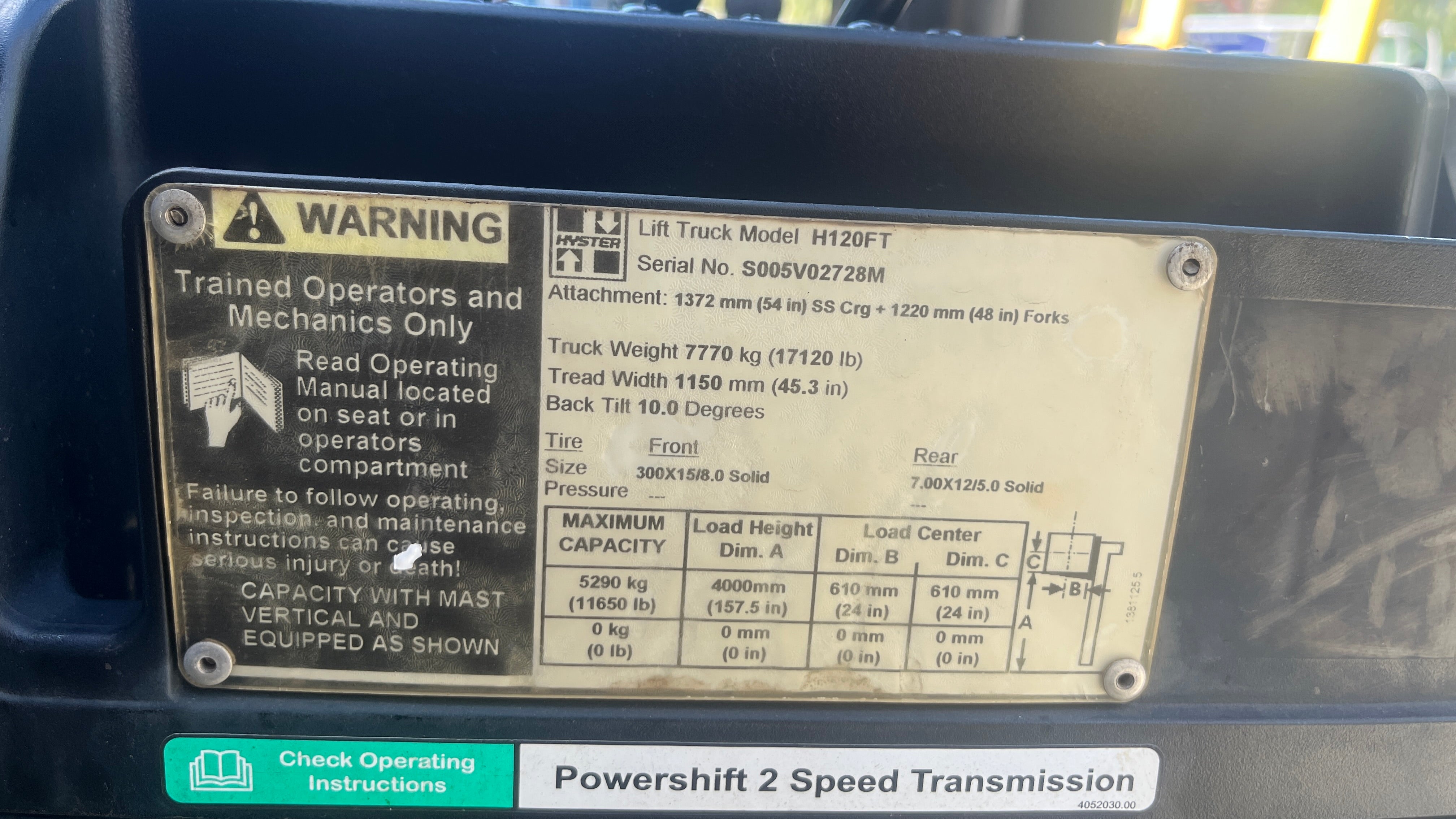 2014 Hyster H120FT 12,000 lb. LPG Forklift w/ Sideshift & Solid Pneumatic 157"H
