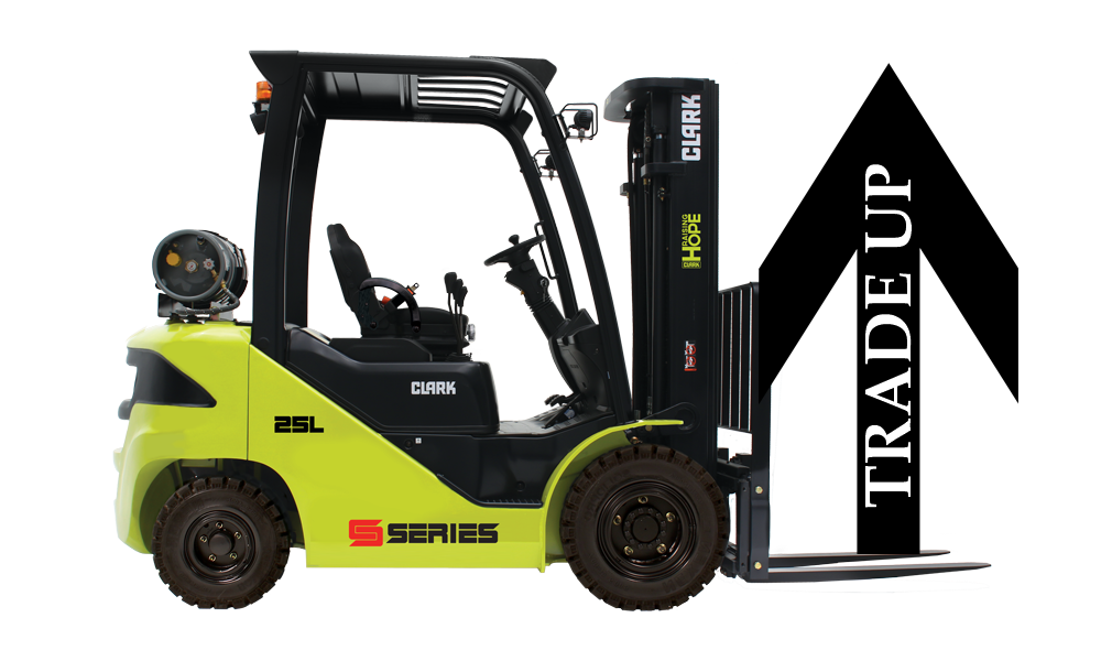 bright green forklift with an arrow trade up