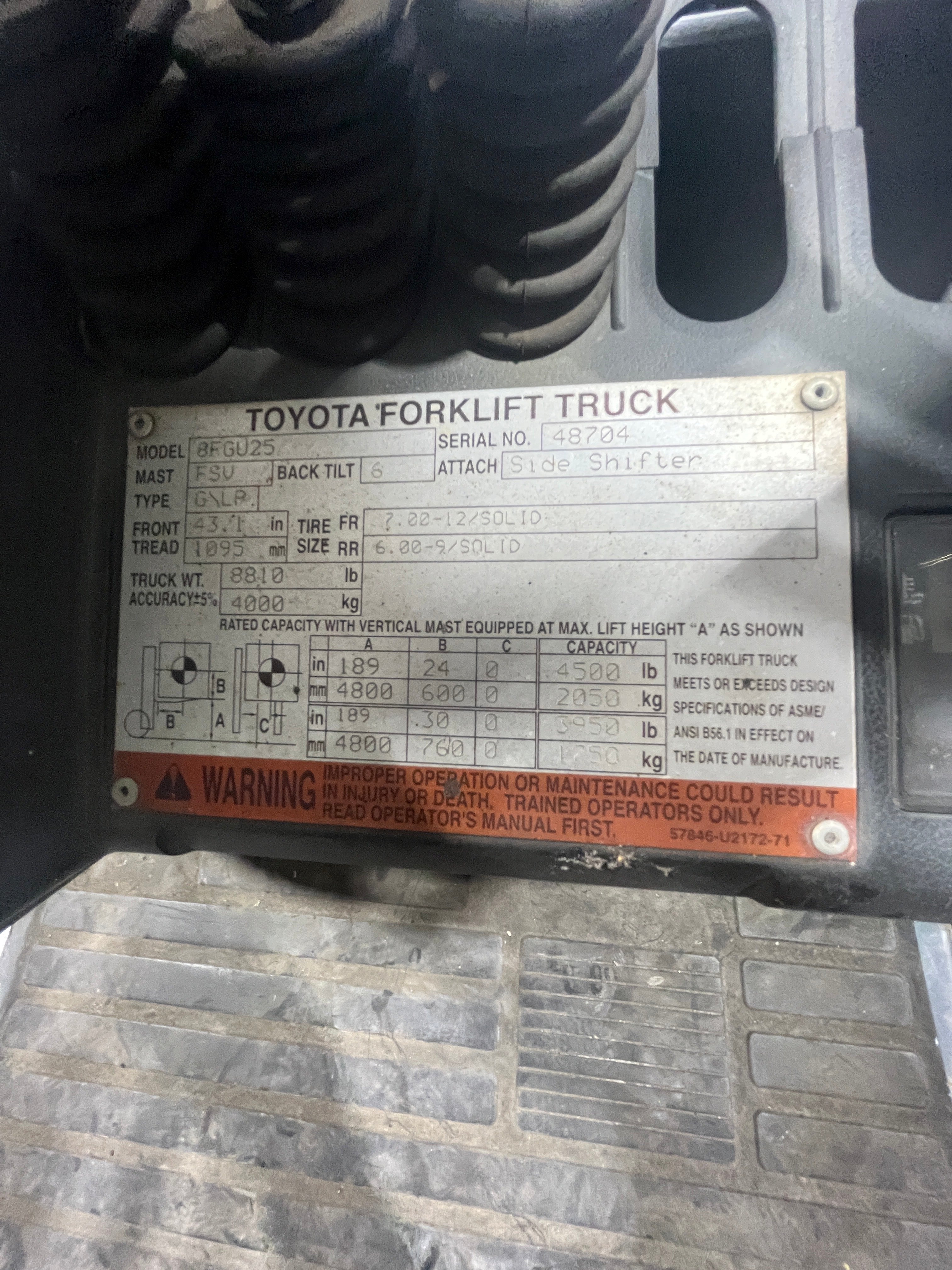 2014 Toyota 8FGU25 LPG 5000 lb. Forklift w/ Sideshift 189"H