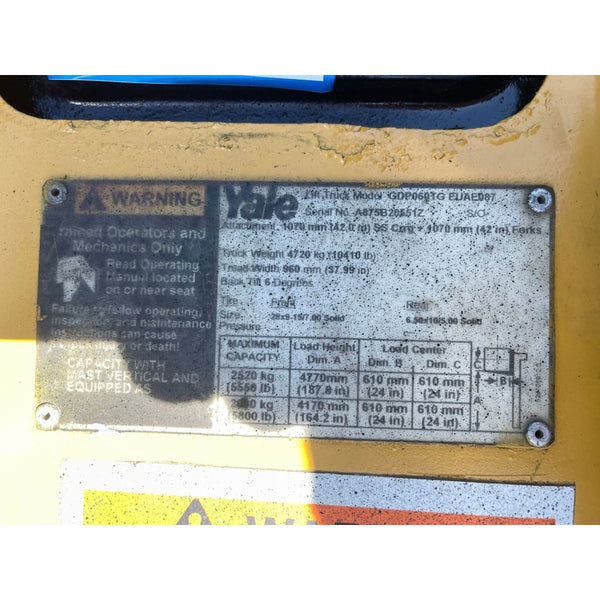2002 Yale GDP060TG 6000 lb. Diesel Forklift w/ Sideshift & Solid Pneumatic 187H - Forklifts