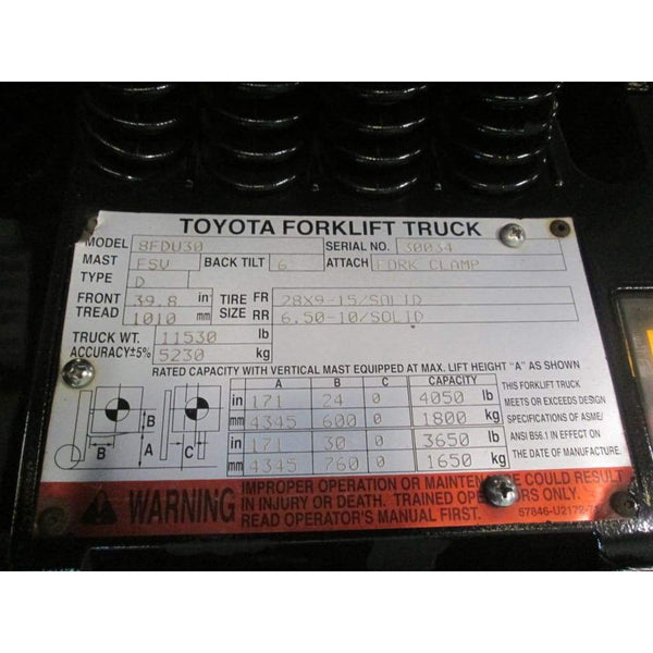 Toyota 8FDU30 6000LBS Diesel Forklift Solid Pneumatic Tires 171 Triple Mast - Forklifts